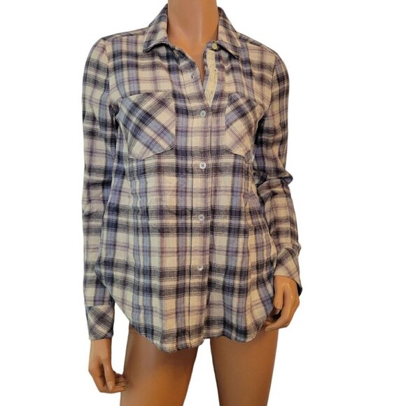 Anthropologie Holding Horses Womens Small Blue Beige Flannel Plaid Sheer Back - Picture 1 of 13